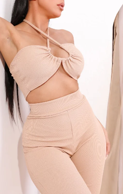 Stone Cross Over Plunge Strappy Halter Neck Crop Top High Waisted Leggings Co-ord - Fia