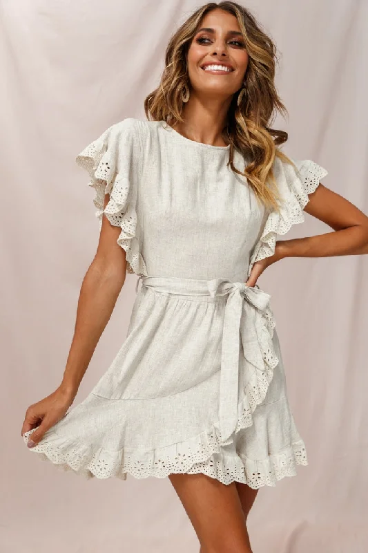 Taya Ruffle Shoulder Waist Tie Dress Beige