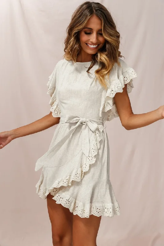 Taya Ruffle Shoulder Waist Tie Dress Beige