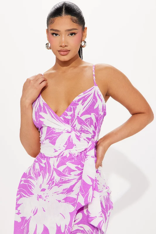 Tropical Escape Linen Wrap Maxi Dress - Purple