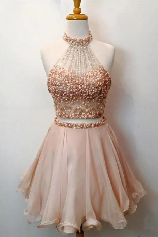 Two Piece Halter Homecoming Dresses Blush Pink Short Prom Dresses  PD289