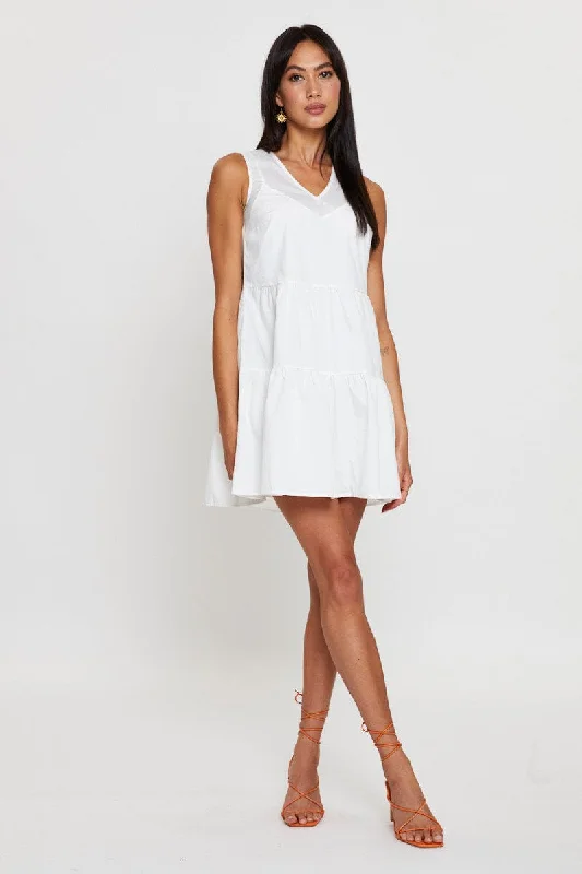 White A Line Dress Mini V Neck