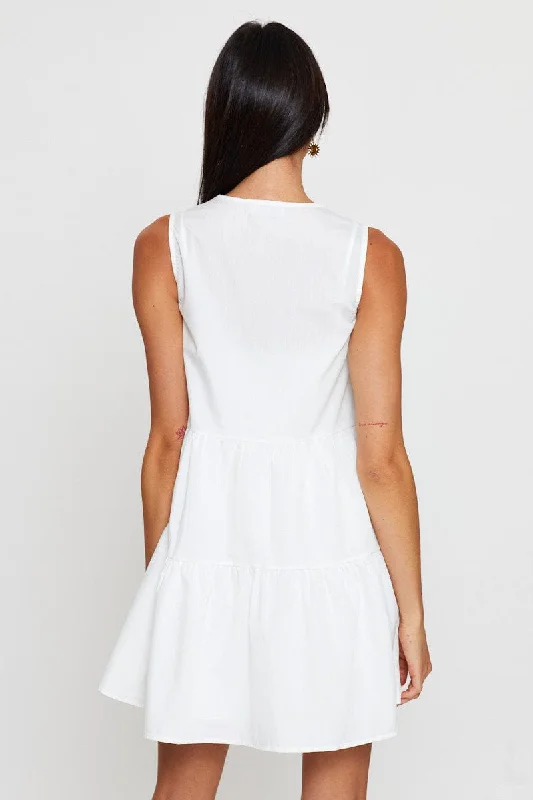 White A Line Dress Mini V Neck