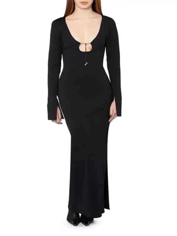 Women’s New Sexy Slim Long Sleeve Slit Long Skirt Temperament Dress