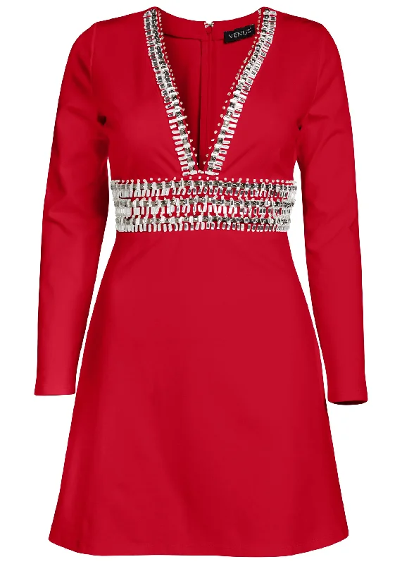 Plunging embellished dress - Red