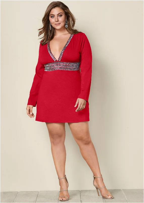 Plunging embellished dress - Red