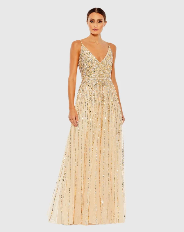 Sequined Sleeveless Wrap Over A Line Gown - FINAL SALE