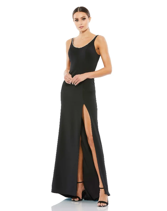 Sleeveless Crystal Scoop Neckline Column Gown with High Slit