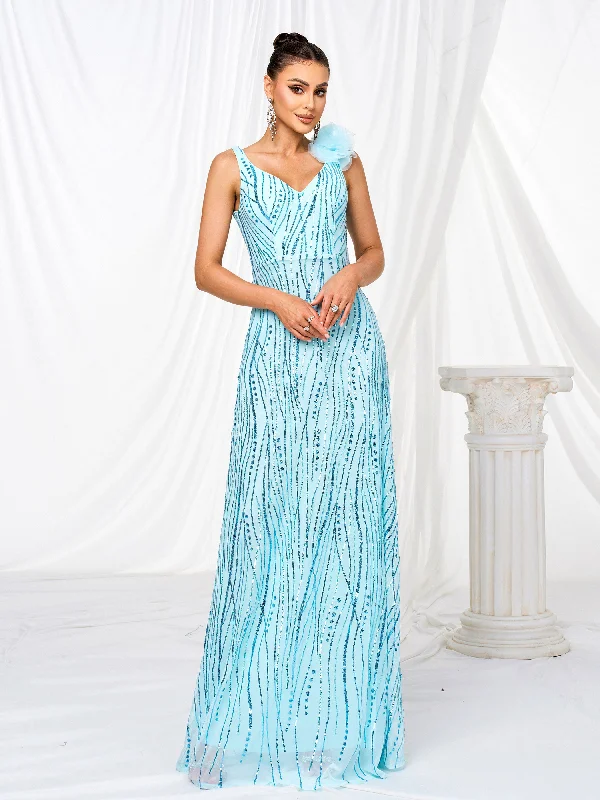 Appliqued Sleeveless Sequin A-line Dress RM21502