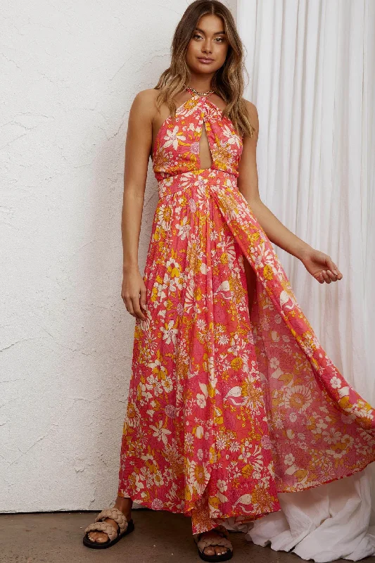 Athena High Split Maxi Dress Retro Floral Orange