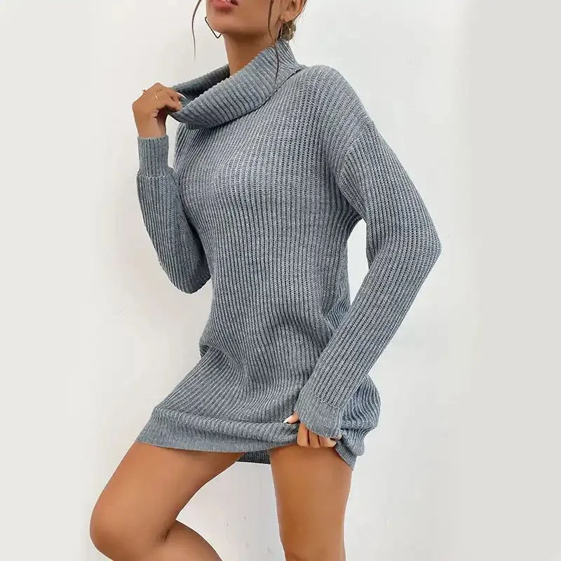 Autumn Solid Color Long Sleeve Turtleneck Sweater Dress