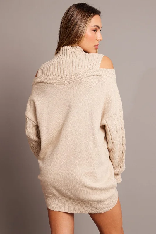 Beige Knit Dress High Neck Jumper Mini