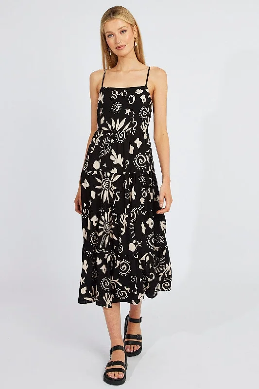 Black Abstract Maxi Dress Tiered Strappy