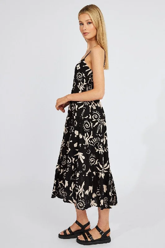 Black Abstract Maxi Dress Tiered Strappy