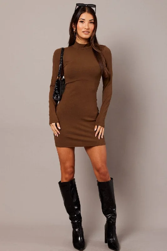 Brown Bodycon Dress Long sleeve Mini