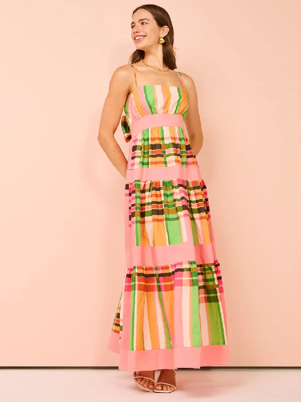 By Nicola Monet Tiered Maxi Dress in Holiday Plaid/Rose