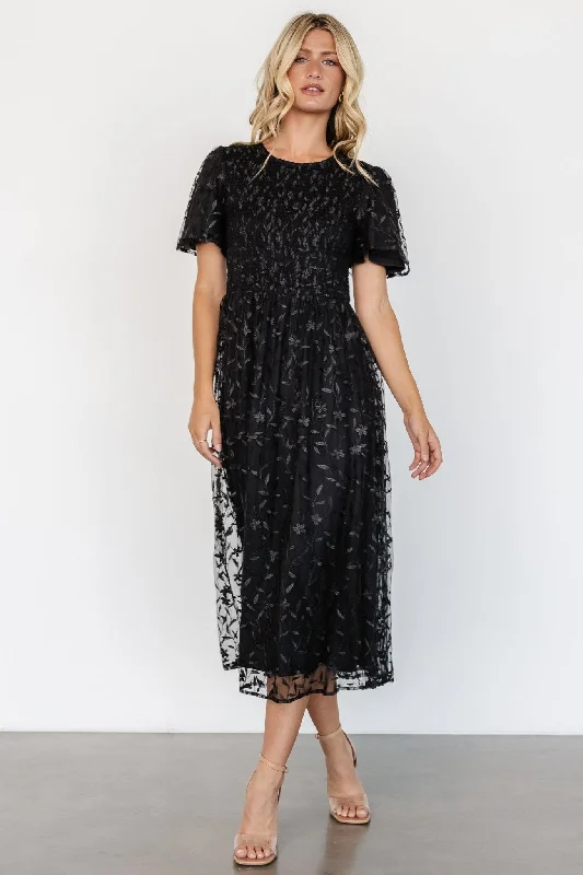 Cara Embroidered Midi Dress | Black