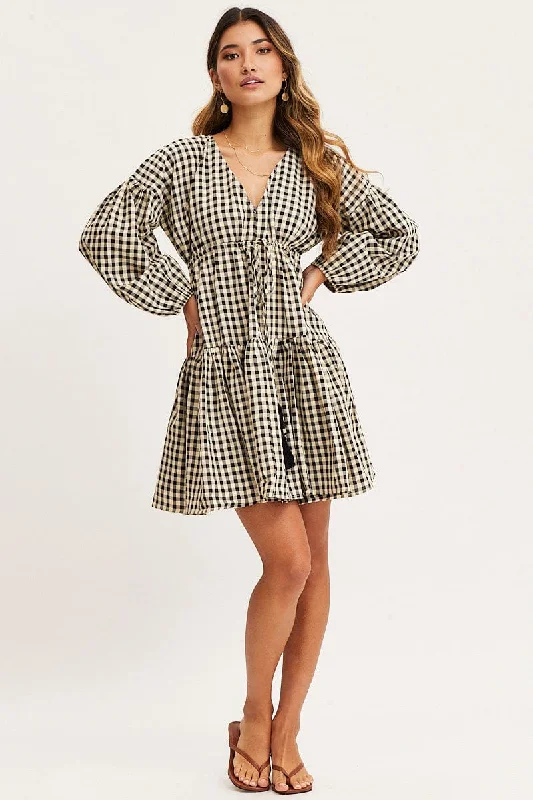 Check Dress Long Sleeve Midi