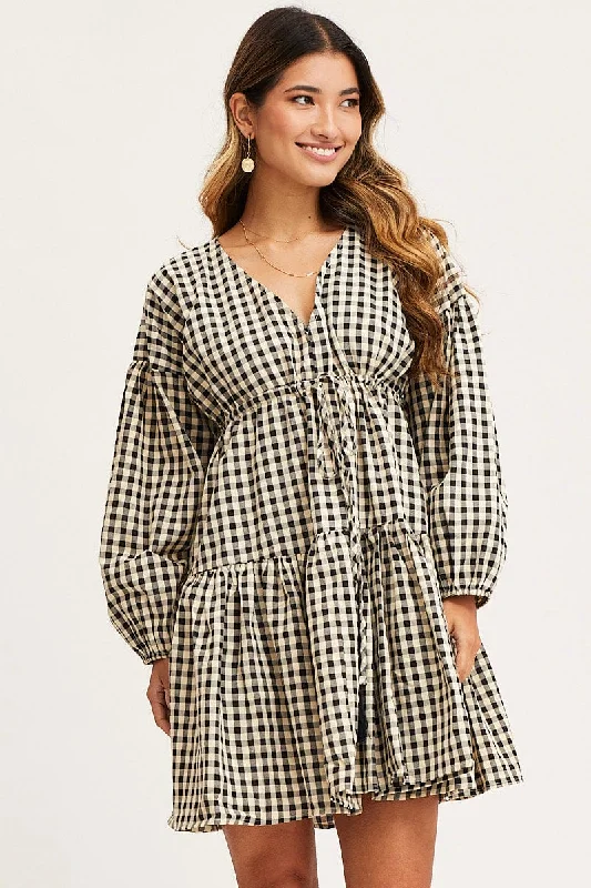 Check Dress Long Sleeve Midi