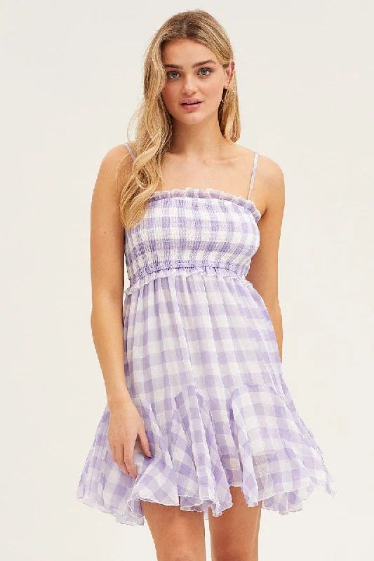 Check Shirred Dress Sleeveless Mini