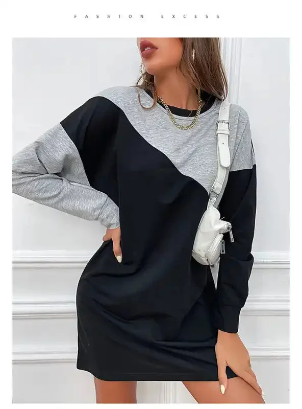 Contrast Color Loose Sweater Dress Long Sleeve Color Block Autumn Women’s Dress