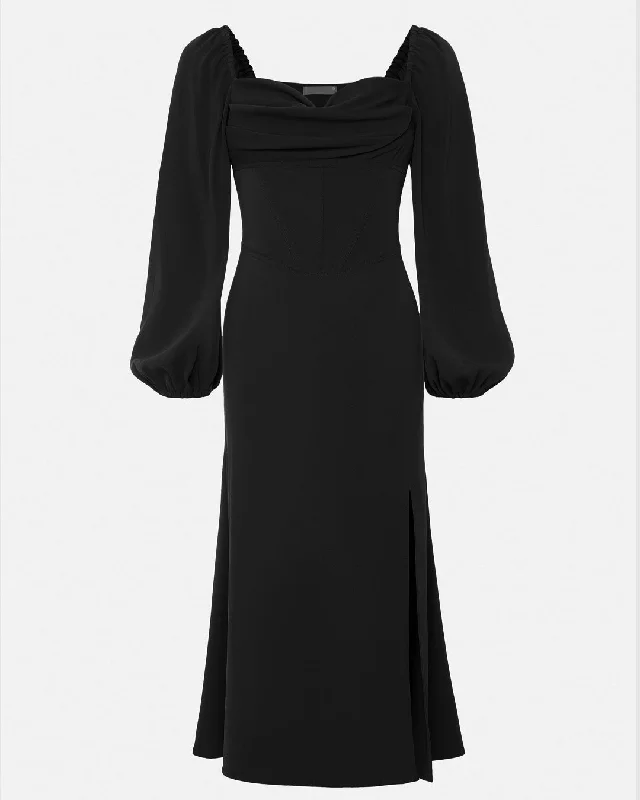 Corset-Waist Full Sleeve Black Midi Dress