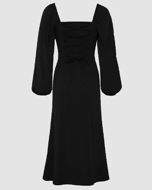 Corset-Waist Full Sleeve Black Midi Dress