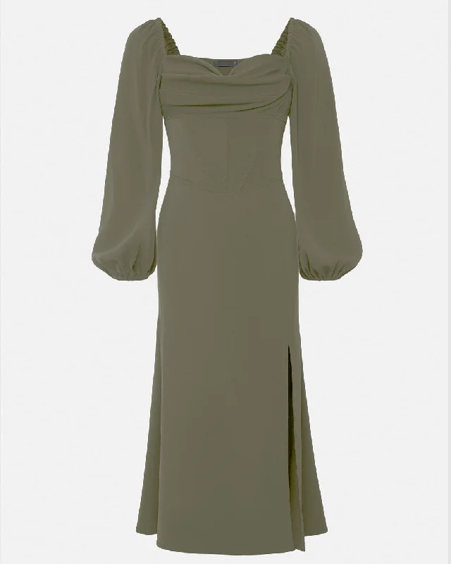 Corset-Waist Full Sleeve Green Midi Dress