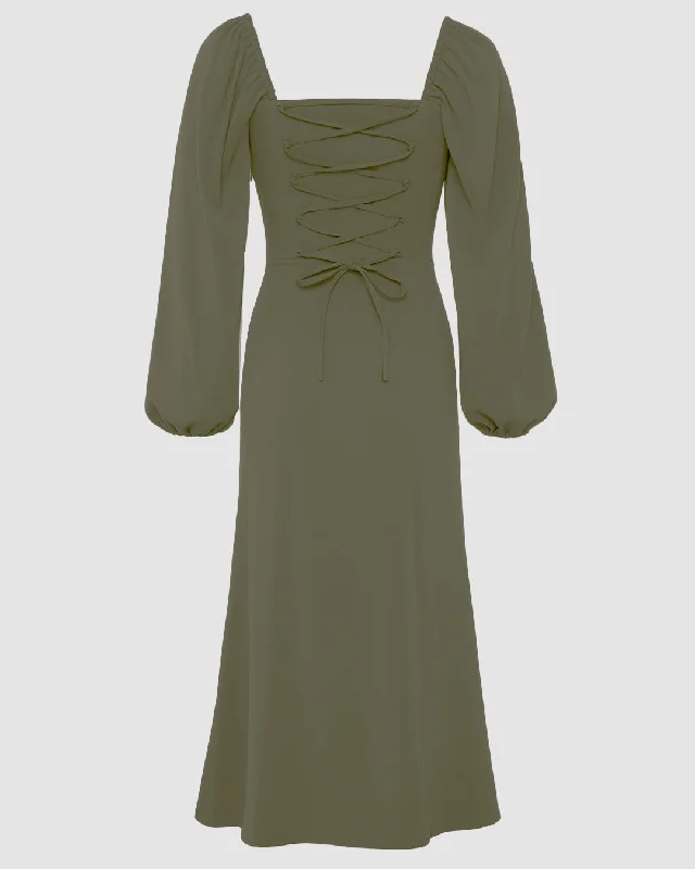 Corset-Waist Full Sleeve Green Midi Dress