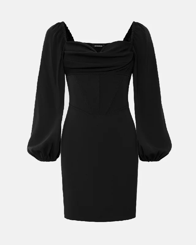 Cowl Neck Corset-Waist Full Sleeve Bodycon Black Mini Dress