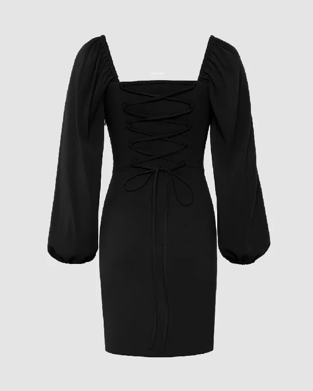 Cowl Neck Corset-Waist Full Sleeve Bodycon Black Mini Dress