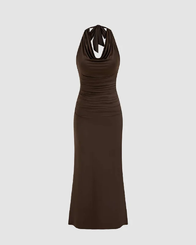 Cowl Neckline Solid Ruched Brown Maxi Dress