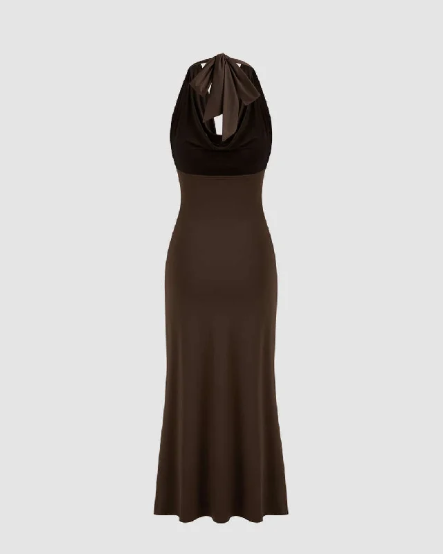 Cowl Neckline Solid Ruched Brown Maxi Dress