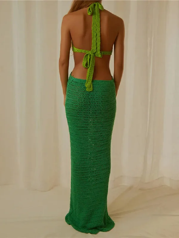 FashionSierra - Cutout Knitted Long Crochet Backless Spaghetti Strap Bodycon Maxi Dress