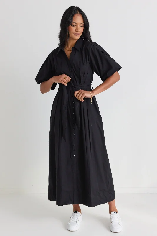 Dusk Black Puff Sleeve Collared Midi Dress