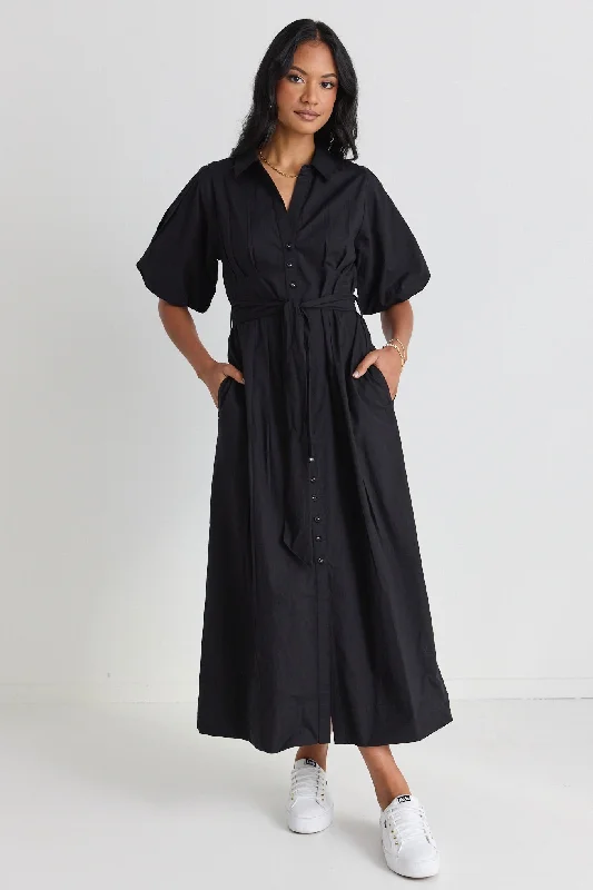 Dusk Black Puff Sleeve Collared Midi Dress