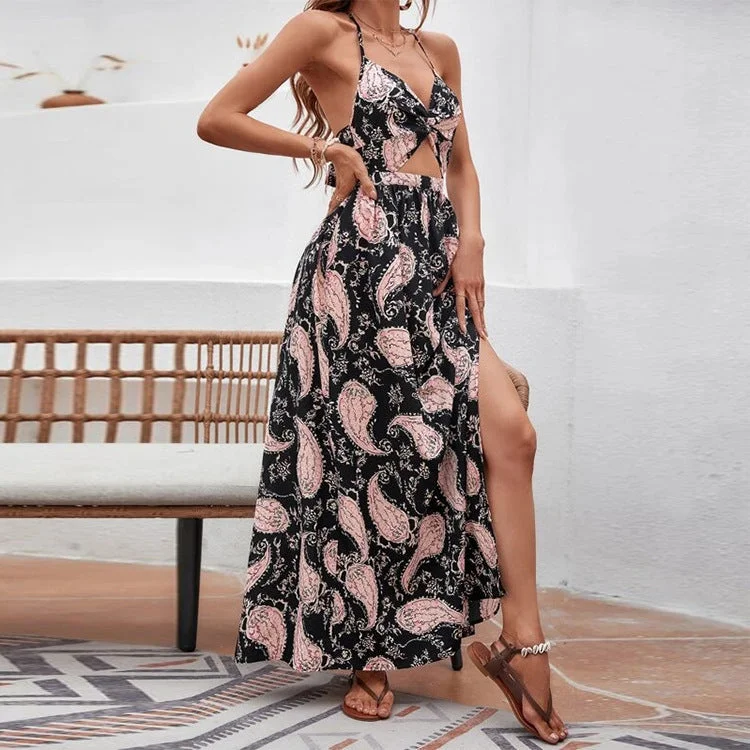 Flume Palm Print Cutout Slit Maxi Dress