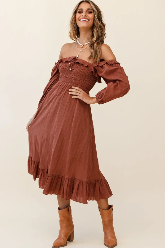 Flynn Off-Shoulder Shirred Bust Midi Dress Tan