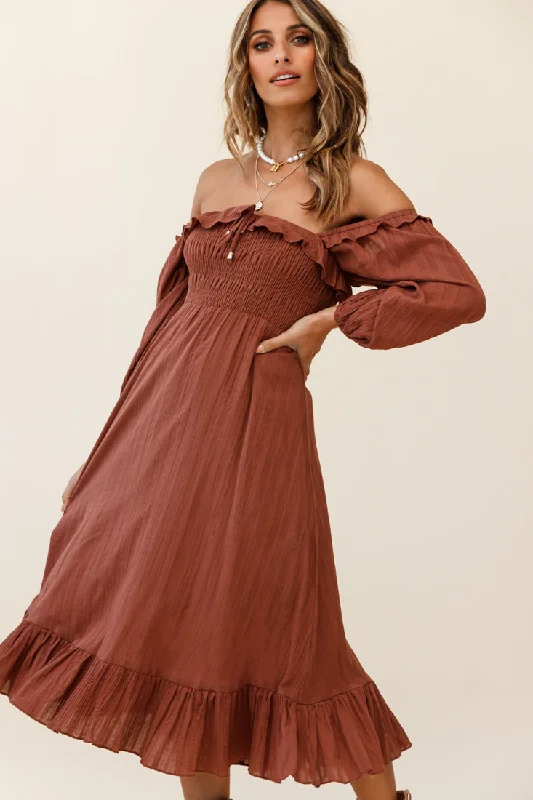 Flynn Off-Shoulder Shirred Bust Midi Dress Tan