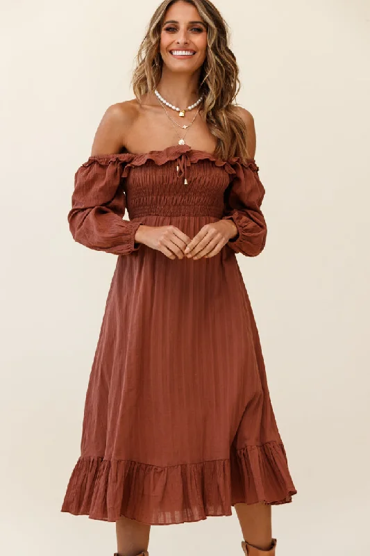 Flynn Off-Shoulder Shirred Bust Midi Dress Tan