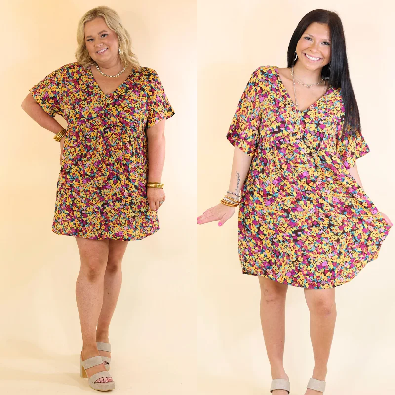 Fresh Blossoms Floral Print Babydoll Dress with V Neck in Brown