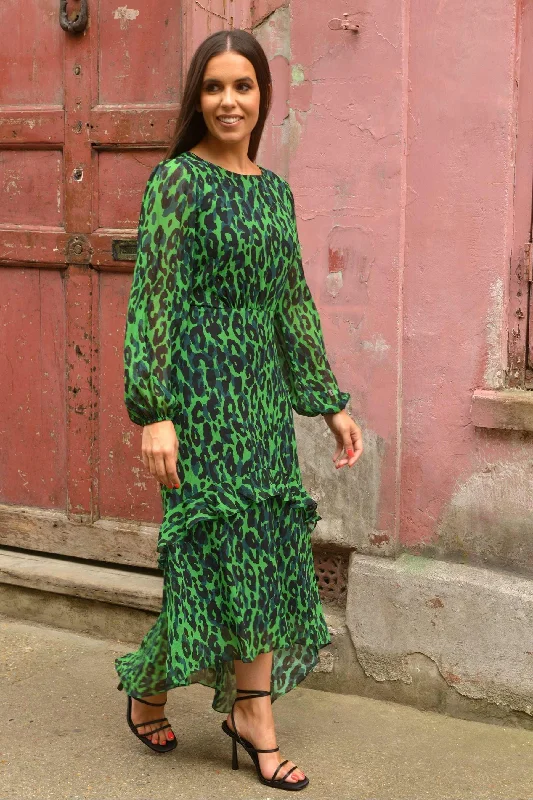 Green Animal Print Ruffle Midaxi Dress