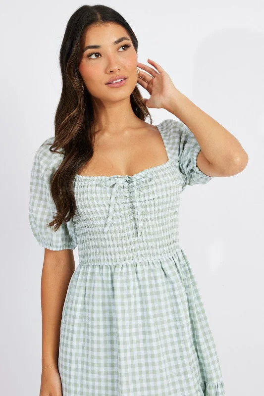 Green Check Maxi Dress Short Sleeve Shirred