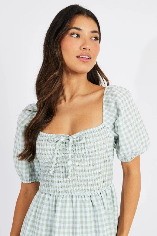 Green Check Maxi Dress Short Sleeve Shirred