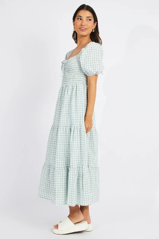 Green Check Maxi Dress Short Sleeve Shirred