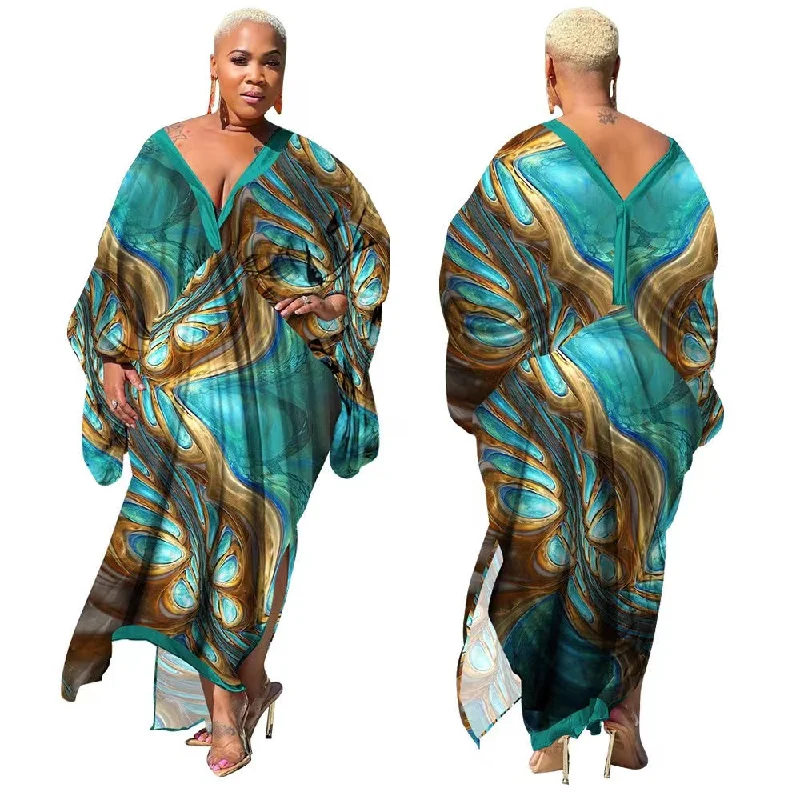 J&H 2023 new arrivals maxi satin robes Africa design printed loose dress fall fashion plus size kaftan dresses