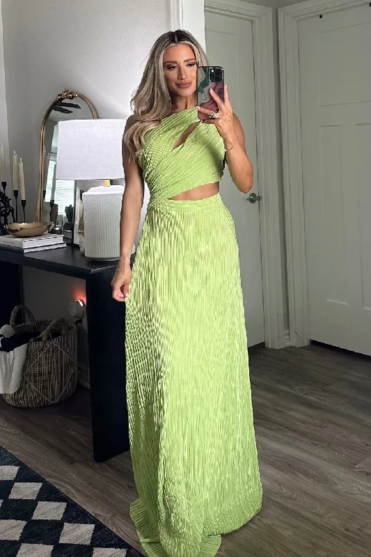 Kristen One Shoulder Cutout Pleated Maxi Dress: Bright Lime