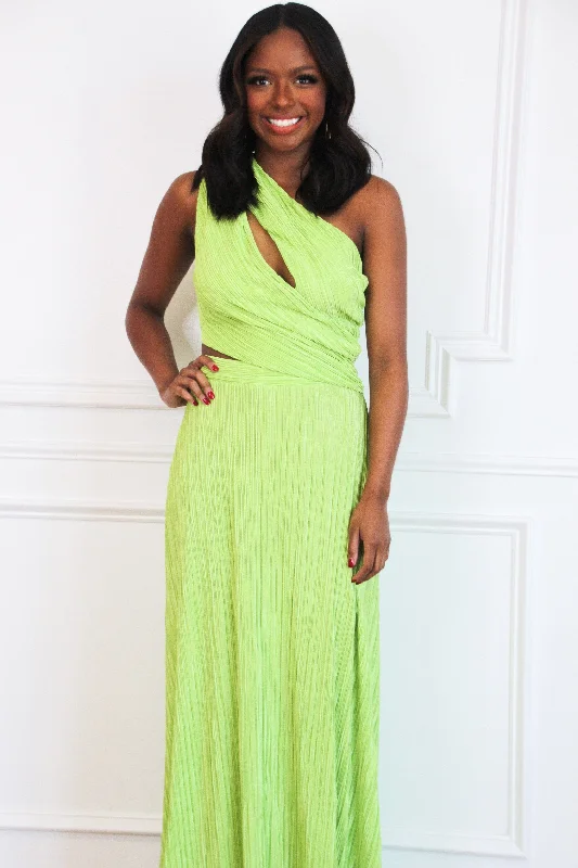 Kristen One Shoulder Cutout Pleated Maxi Dress: Bright Lime