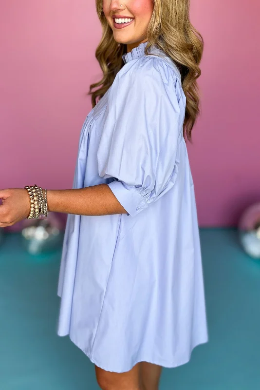 Light Blue Frill Split Neck Banded Cuff Sleeve Babydoll Dress