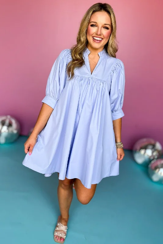 Light Blue Frill Split Neck Banded Cuff Sleeve Babydoll Dress